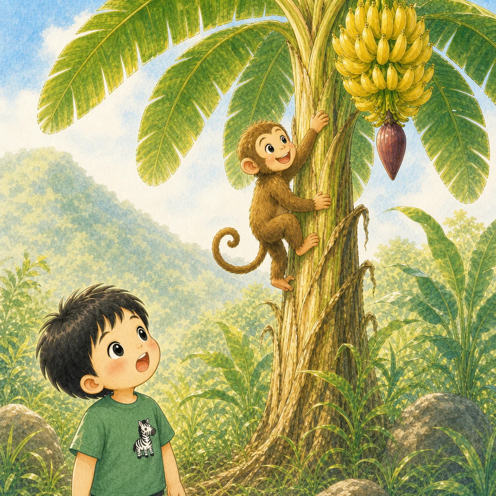 The monkey climbs up the banana tree.