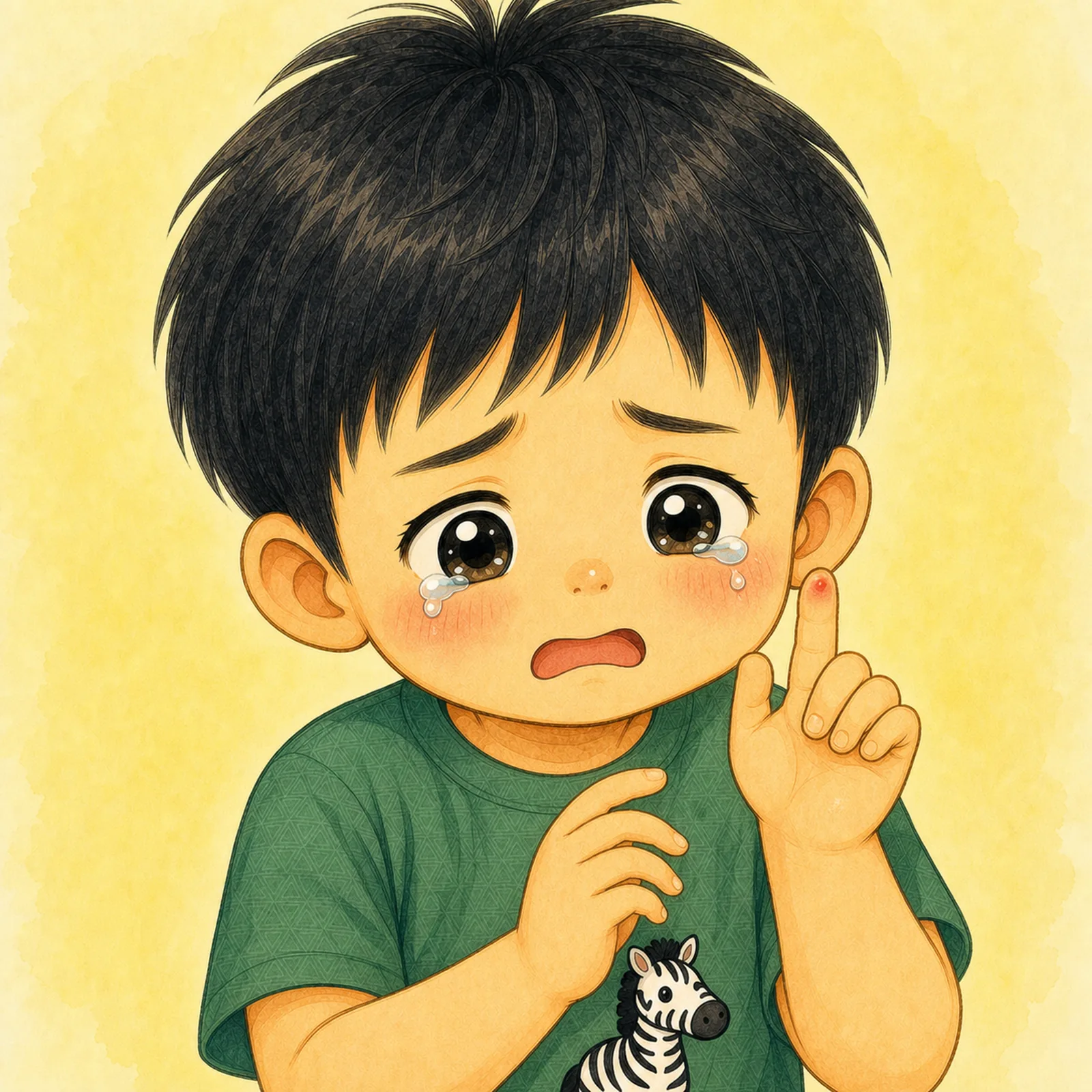 "Ouch! That hurts!" Ban-Ban gets pricked. He feels upset.