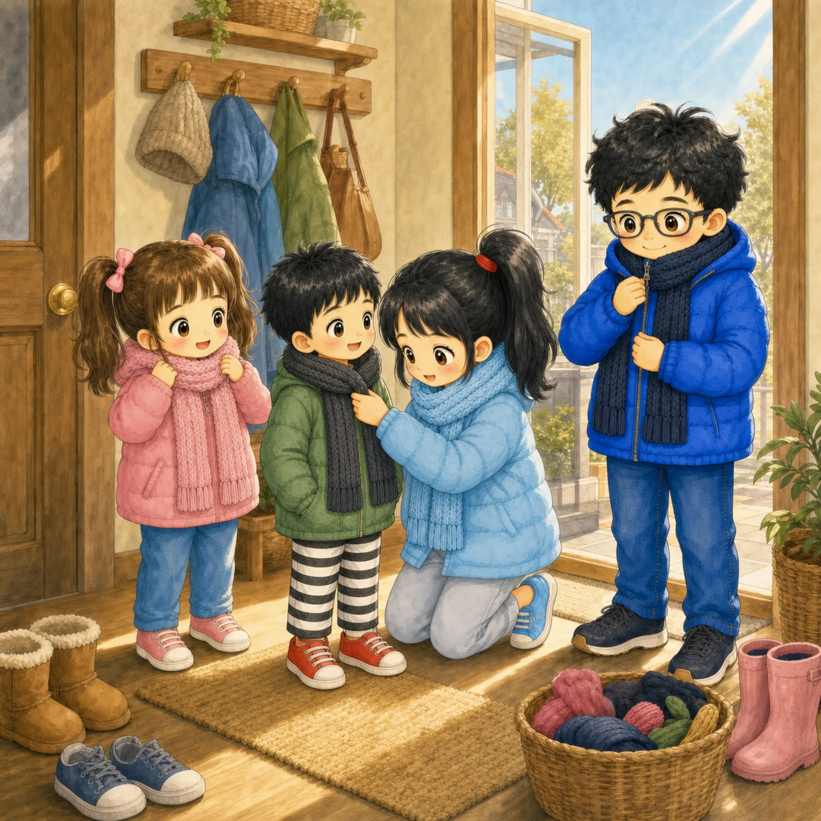 It's a cold day. Everyone puts on warm coats and scarves.