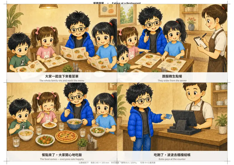 餐廳用餐 — 四步驟順序圖卡